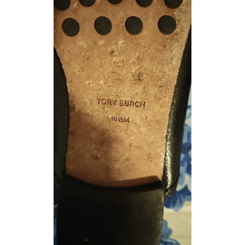 Tory Burch Georgia Backless Loafer Flats Mules Black Gold Logo Sz 10.5 M